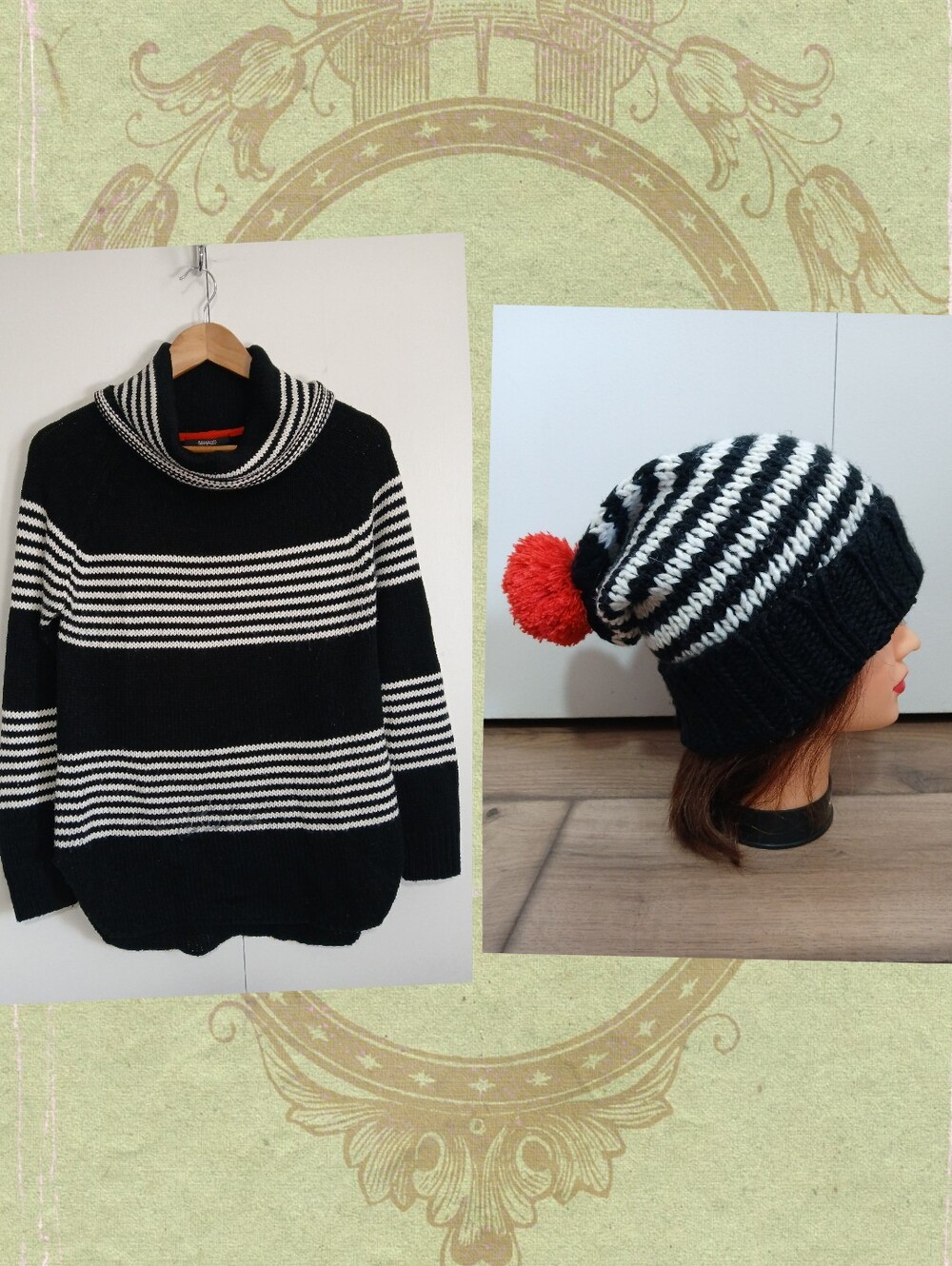 Revamped Sweater Knits Black White Striped Cowl Neck & Matching Hat Set Medium